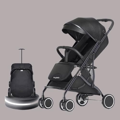 Lightweight Travel Stroller One Hand Folding with Free Rain Cover, Storage Bag, and Cupholder by TinyTots - Black
