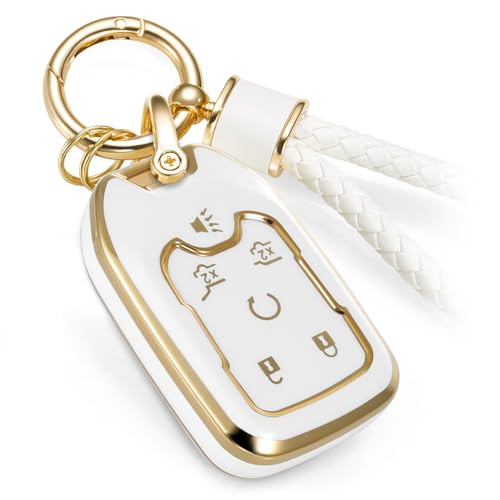 Image of Car Key Fob Cover for GMC Yukon, White Braided Loop, Gold Edge
