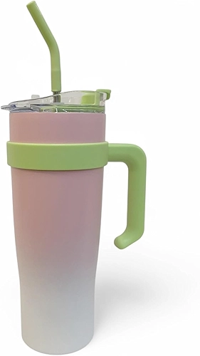 CBB01 Copo Térmico de Aço Inoxidável, 1200ml, Verde Degradê, com Alça e Canudo, Formato Cilíndrico, 20cm x 8.5cm, para Bebidas Quentes e Frias