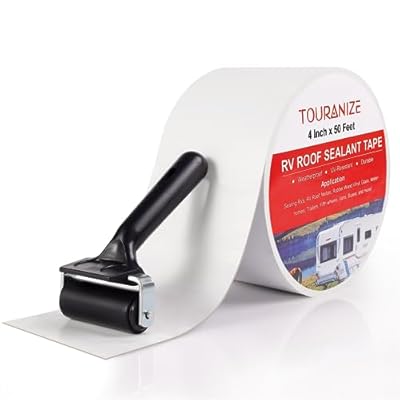 Touranize RV Roof Tape with Rubber Roller, 4 Inch x 50 Feet RV Sealant Tape for Camper Roof Repair, Boat Sealing, Trailer Roof Seam Leaks, UV Resistant, Waterproof, White
