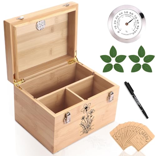 Professional-Designed Bamboo Seed Storage Box with Built-in Hygrometer, Double-Layer Airtight Lid and Safety Lock, Temperature-Stable Wooden Seed Organizer for Preservation, Great Gifts for Gardener