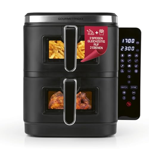 GOURMETmaxx FryUp Vertikale Doppelkammer Heißluftfritteuse XXL | Airfryer mit Sichtfenstern & Klapp-Touchdisplay | Heißluftfritteuse 2 Kammern - 10 L Volumen | Heissluftfritteuse Doppelkammer 2 Ebenen