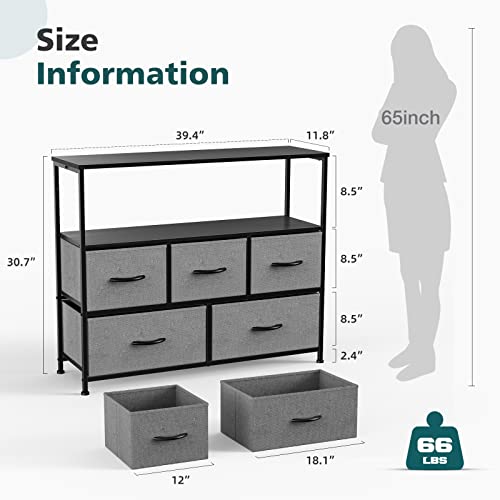 Image of NEWBULIG Dresser,Dresser with 5 Fabric Drawers,Chest of Drawers,Storage Tower, TV Stand Organizer Storage for Bedroom Living Room Hallway, Easy Pull Fabric Bins,Wooden Top, Sturdy Steel Frame,Black