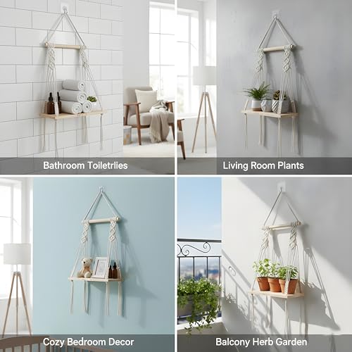 Image of Boho Macrame Wall Hanging Shelf with Adhesive Hook - Handmade Cotton Rope & Pine Wood Floating Shelf - Aesthetic Wall Decor for Bedroom, Living Room & Plants