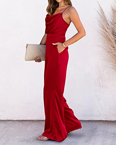 Prettygarden Women 2023 Sleeveless Spaghetti Strap Cowl Neck Backless Satin Jumpsuits Loose Wide Leg Romper With Pockets(Solid Red,Medium) #TOP3