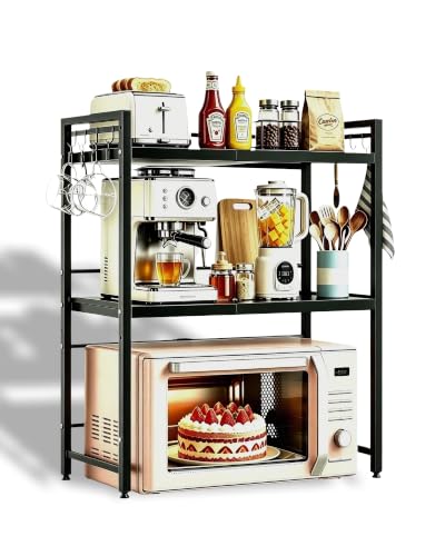 AmoreTempo Mikrowellenregal 3 stufig ausziehbar Höhenverstellbarer Mikrowellenständer (40-64cm) ohne Bohren mit 6 Haken, Kohlenstoffstahl für Backofen, Kaffeemaschine & Airfryer
