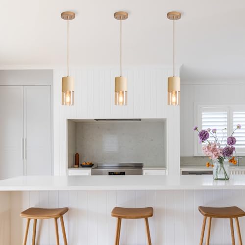 Image of 3-Pack Gold Pendant Light Fixtures, Adjustable Modern Pendant Lights for Kitchen Island, Industrial Amber Glass Pendant Lights for Dining Table Hallway Bedroom Living Room