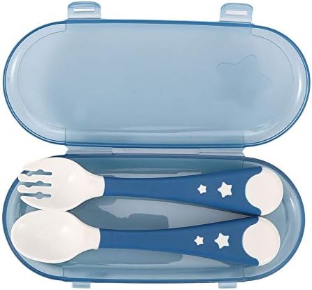 2Pcs Baby Utensils Spoon Fork, Portable Infant Feeding Training Food Fork Spoon NonSlip Baby Tableware Set with Travel Case for Weaning and Learning to Use Cutlery(Blue)