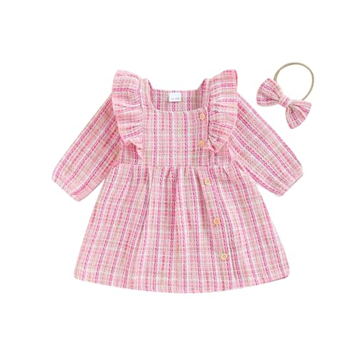 Madjtlqy Toddler Girls Dress Square Neck Ruffles Buttons Long Sleeve Tweed Dress Fall Baby Clothes with Headband (Pink, 4-5 Years)