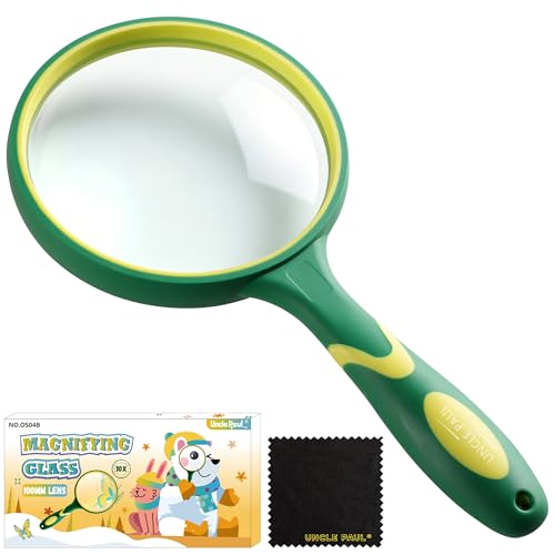 Image of Magnifying Glass 10X Large Handheld Magnifier with Cleaning Cloth - 100mm Thickened Lens Frame Non-Slip Soft Rubber Handle for Seniors Reading Kids Observation Classroom Science Tool Green OS04B