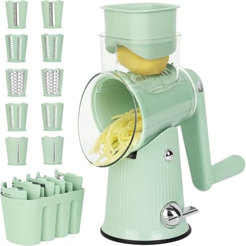 BRZU 多機能野菜おろし金、手持ちロックチューブ野菜切断ツール、便利、厚さ調整、チョッピング、安全で手を傷つけない、吸盤ベース、拡大直径、ジャガイモと大根おろし金、キッチン用品セット (グリーン(10枚刃×5セット))