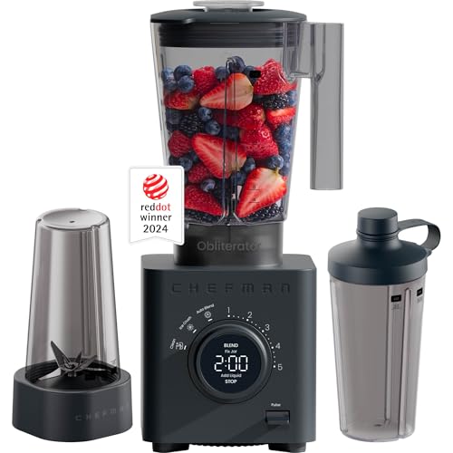 Chefman Obliterator 48 oz Countertop Blender for Smoothies, 1380W Motor to Crush Ice, Nuts, and Frozen Fruit with Stainless Steel Blade, Blender Pack Includes Two 20 oz. Travel Jars - Midnight