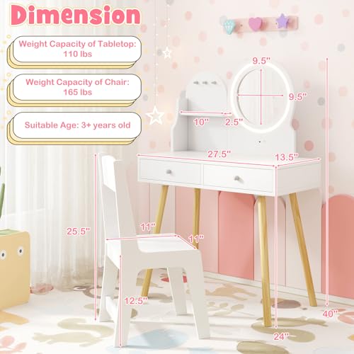 Image of HONEY JOY Kids Vanity, Little Girls Vanity Set with Mirror and Stool and Lights, Drawers, Toddler Makeup Vanity Dressing Table, Wooden Pretend Play Kids Vanity Table and Chair Set (White)