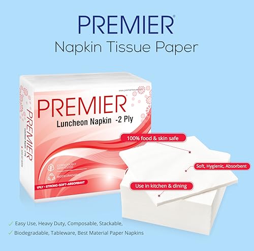 Image of Premier Luncheon Tissue Paper Napkins (100 Pulls) | 50 Pulls x 2 Pack | 2-ply Absorbent & Disposable Table Napkins | Hygienic & Durable, Ideal for Dining, Parties & Everyday Use