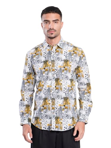 Image of BENE KLEED Men Grey and Mustard Abstract Print Slim Fit Shirt(BOMCF458SL53-6351B White /Mustard M)