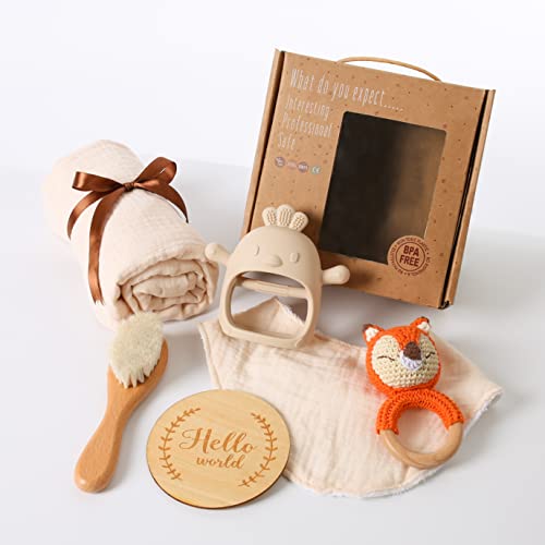 Image of YOUUYS Baby Gift Set for Newborn - Baby Essential Bath Basket Gift Set with Baby Blanket Baby Rattle Teether Toy & Hair Brush Newborn Shower Gift for Baby Girls Boys 6PCS (Orange Fox)