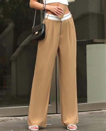 ALSOGO Women's Wide Leg Pants High Waisted Business Office Casual Dressy Pants Flowy Trousers with Pockets3