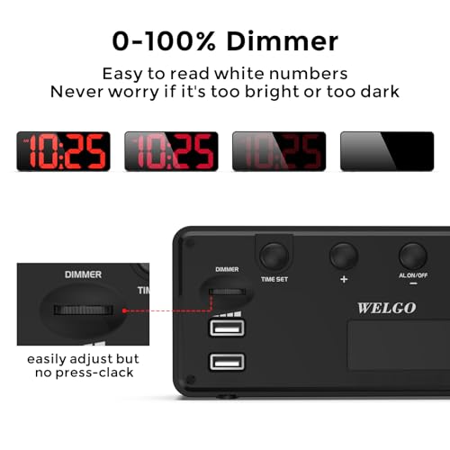 Image of Welgo 7.5 Inches Oversized Digital Alarm Clock for Visually Impaired | 0-100% dimmer, large easy-read numbers, adjustable volume, USB charging port, snooze, outlet-powered for bedroom