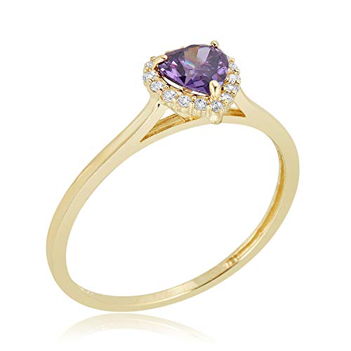 AVORA 10K Yellow Gold 5mm Birthstone Simulated Diamond CZ Heart Halo Fashion Ring - All 12 Months