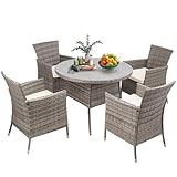 Warmiehomy Rattan Garden Table and Chairs Set 5 Pieces Garden Dining Set 100cm Round Patio Table with Parasol Hole Wicker Chairs with Seat Cushions Tempered Glass Tabletop and 4 Seater Armchairs, Grey