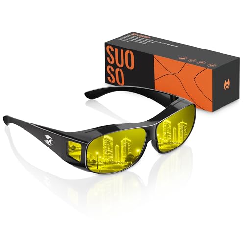 suoso Night Driving Vision Glasses Fit Over Eyeglasses for Men Women, Anti Glare Polarized Nighttime Glasses HD Yellow Lens