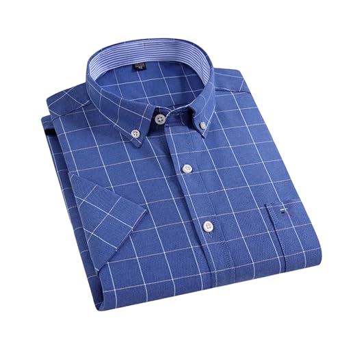 Larger Size Classic Men's Short Sleeve Shirt 100 Percent Oxford Cotton Casual Soft Plaid Stripe Solid Slim Fit