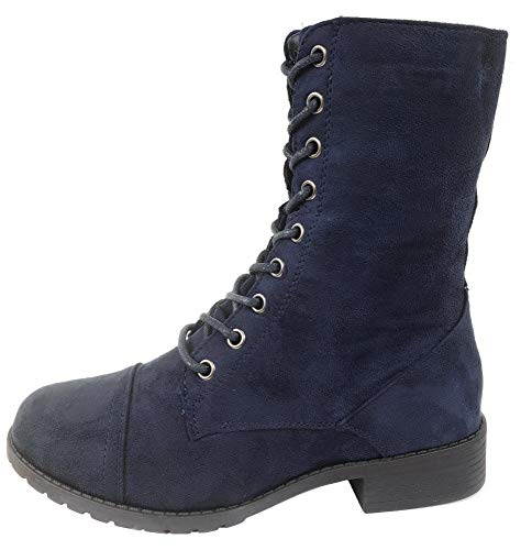 Image of Forever Link Womens Round Toe Military Lace Up Knit Ankle Cuff Low Heel Combat Boots