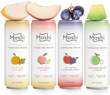 Moshi Asian Flavored Sparkling Water 12 Pack - Carbonated Drink Made With Real Fruit Juice - No Added Sugar - Low Calorie (Pack of 12, Variety)