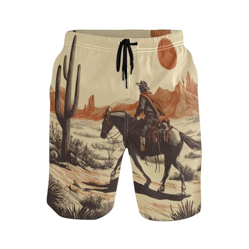 Boccsty Men's Swim Trunks Retro Horse Desert Cowboys Summer Beach Shorts Quick Dry Bathing Suits with Mesh Lining
