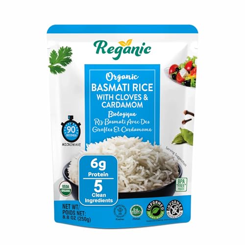 Image of Reganic Organic Basmati Rice with Cloves & Cardamom, USDA Organic, 6g Protein, Aromatic & Fluffy, 100% Recyclable Microwave Pouch Ready in 1.5 Minutes, Gluten-Free Non-GMO, 8.8 oz, Pack of 6