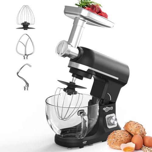 Stand Mixer with Meat Grinder, 5.5L Food Mixers, Food Grinding Mincing Machine, Sausage Maker Meats Mincer, 6 Speeds Pulse Function, 10 Accessories, Hook, Whisk, Beater, Blender, Mincer, Sausage Maker