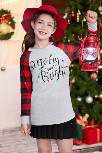 Image of BesserBay Girl's Christmas Buffalo Plaid Raglan Top Funny Holiday Graphic Shirt 4-14 Years