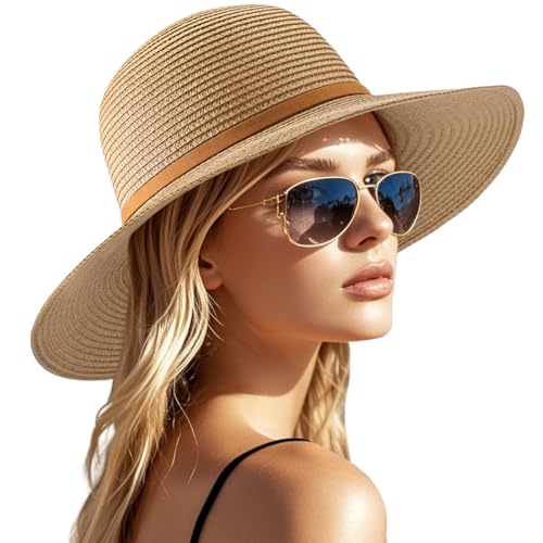 Image of Beach Sun Straw Hats for Women, UPF 50+ UV Sun Protection Wide Brim Summer Straw Hat Foldable Packable Roll up Cap