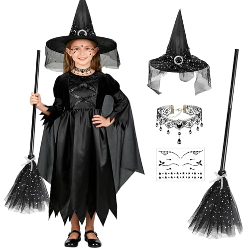 BITOYO Schwarze Hexe Kostüm für Mädchen Hexenkostüm Halloween Kostüm Party, Karneval Fasching Bekleidung, Magic Deluxe Fancy Dress Outfit für Kinder Rollenspiel Party (140)