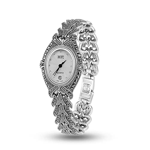 JadeAngel Women Vintage Pave Marcasite Thai 925 Silver Wrist Watches (White)