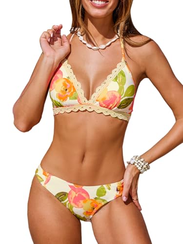 CUPSHE Women's Bikini Sets Two Piece Swimsuit V Neck Halter Back Self Tie Eyelet Trim Mid Rise