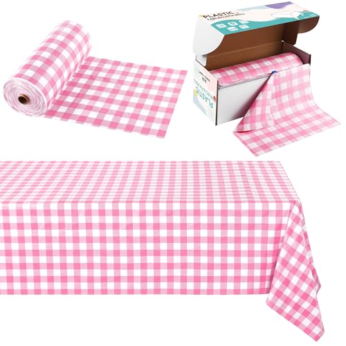 Image of Kochorie 54 Inch x 300 Ft Light Pink Checkered Plastic Table Cloth Roll Disposable Waterproof Table Cover Plastic Table Cover Roll with Easy Slide Cutter for Outdoor Picnic /Home Dining /Spring Party