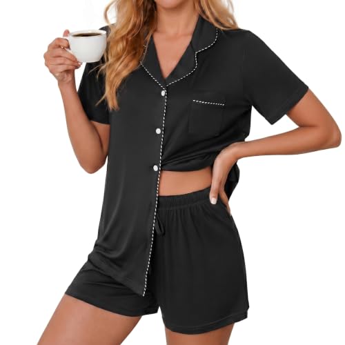 Image of Ekouaer Pajamas for Women Set Button Down Short Sleeve Sleepwear 2 Piece pj | Soft & Breathable Stretch Fabric, Adjustable Drawstring Shorts, Sleep & Lounge, Travel Friendly