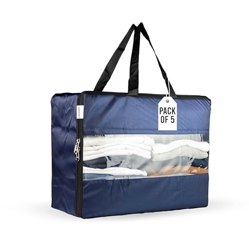 Image of CRASOME Storage Bags for Clothes | Storage Bag for Saree Covers, Clothes, Lehenga, Bedsheets, Toys, Docs | Transparent Window Storage Box Bag - (STB-FT-BLU-PACK-5)