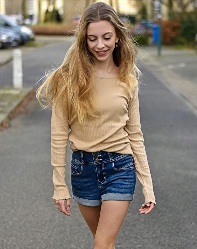 Roswear Women's High Waisted Stretchy Denim Shorts Cuffed Jean Shorts Blue Large #TOP3