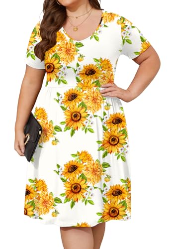 Image of DB MOON Women Plus Size Dresses 2026 Summer Casual V Neck Short Sleeve Knee Length Dress with Pockets