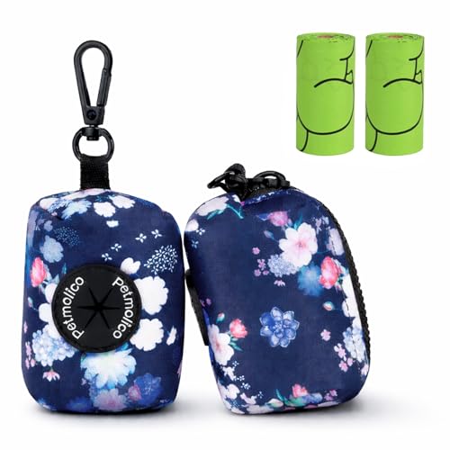 Image of Petmolico Dog Poop Bag Holder Leash Attachment, Dog Waste Bag Dispenser Zippered Pouch, Fits Any Dog Leash, Includes Free Roll of Dog Bags, Poop Bag Dispenser - 2 Packs, Mixed Blue & White