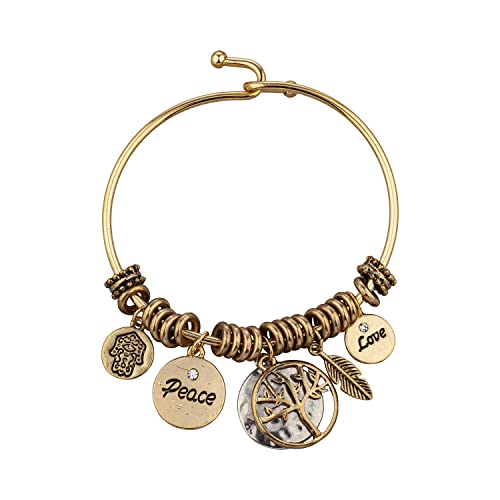 Image of LUX ACCESSORIES Gold Round Pendants Hamsa Peace Love Tree of Life Feather Bohemian Bangle Bracelet