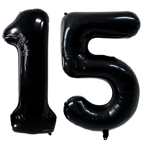 40 inch Black 15 Number Balloon Giant Foil Helium Balloons Black Large Digital Balloon 15 Number 15 Balloons for 15th or 51st Birthday Party Decorations Anniversary Events Decoration Supplies