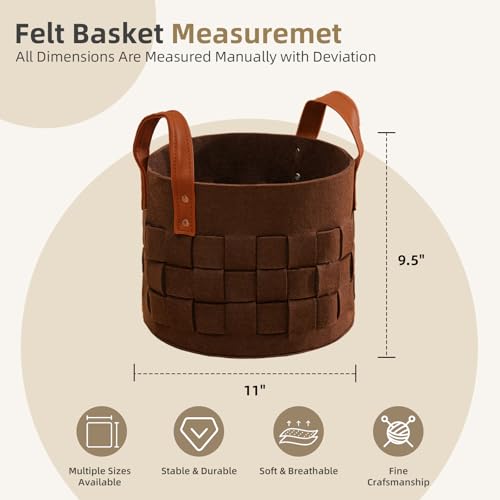 Image of BOLDMONKEY Storage Baskets for Shelves 3 Pack, Medium 11 inch x11 inch x9.5 inch Round Decorative Storage Basket Felt with Leather Handle, Soft Clothes Basket for Socks, Neckties Organizer-Brown