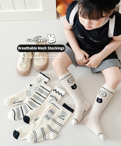 Boys Keen High Socks Ribbed Cuffs Crew Socks Over The Calf Stripes Cartoon Black White Cute Girls Socks 3 Pairs3