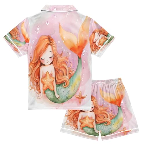 ALAZA Starfish Watercolor Mermaid Satin Pajamas Set Short Sleeve Button Down Sleepwear Summer Pjs 2 Piece2
