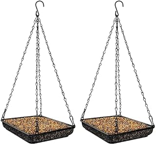MIXXIDEA Hanging Bird Feeder Tray Metal Square Platform Seed Feeder with Durable Chains for Outdoors Garden Great for Attracting Birds(2 Pack)