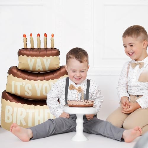 Image of 2PCS Happy Birthday Cake Foil Balloons, 40 inch Large Three-Layer Mylar Birthday Balloons, Yay Balloon for Girls Boys Kids Baby Shower Party Decorations, Brown