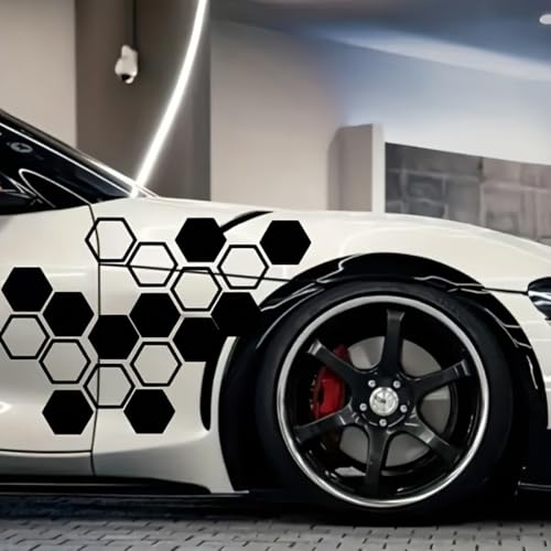 KEQAR 52 Stück Auto Aufkleber im Waben-Muster – Auto Racing Karosserie Dekoration, Waben-Design Streifen für Autos, SUV, LKW & Geländewagen (Schwarz)